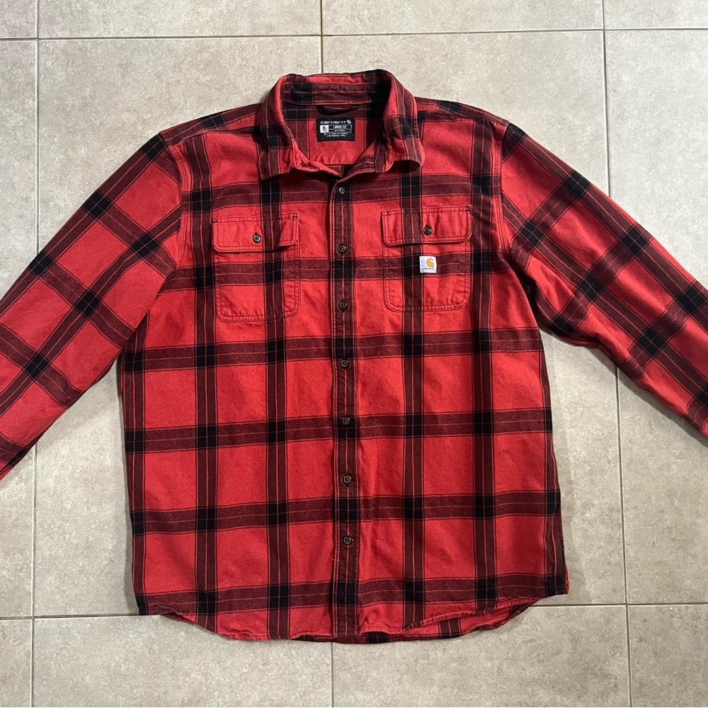 Carhartt Heavyweight Flannel Shirt Mens XL Tall Loose Fit Workwear Red Plaid